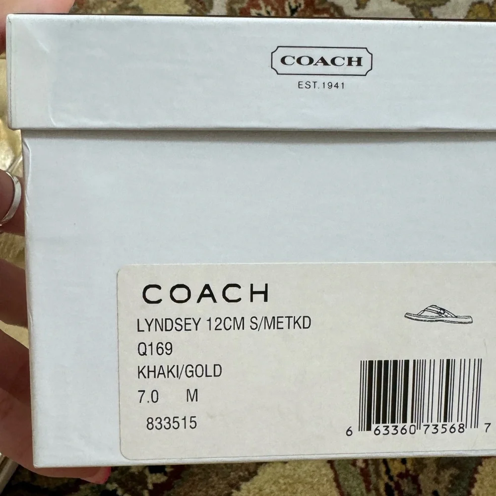 New Coach Lyndsey Women's‎ Khaki/ Gold Canvas Metallic Leather Sandals Sz 7M